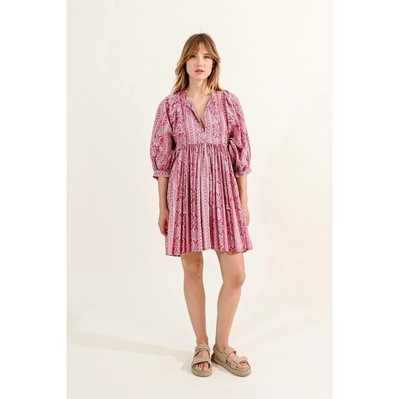 Molly Bracken Deep Pink Floral Mini Dress Size Large Concert Boho Peasant Loose - Picture 1 of 6